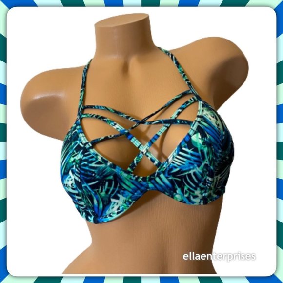 VS Pink Palm Fern Strappy Front T-Back Bikini Top - Picture 1 of 6